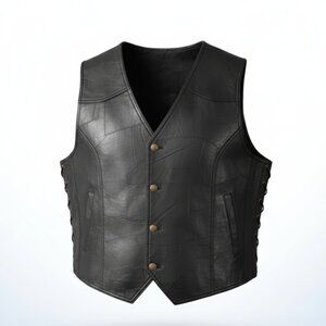 Men’s Leather Biker Vest L Black Live To Ride Eagle Snap Motorcycle